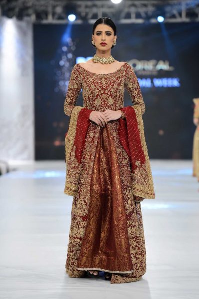 pakistani designer maroon and golden bridal dress 2016-2017