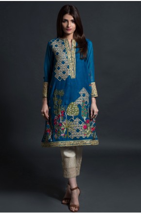 Khaadi pakistani party wear royal blue dress 2016-2017