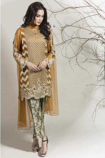 Maria B pakistani party wear rust brown dress 2016-2017