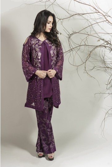 Maria B pakistani party wear deep purple dress 2016-2017