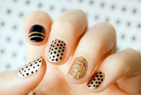 new black and golden polka dots eid party nail art designs 2017 for pakistani girls