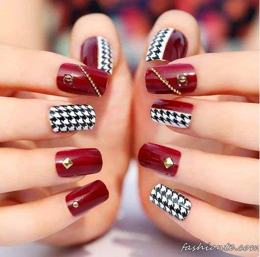 new red and check box white and black eid party nail art designs 2017 for pakistani girls