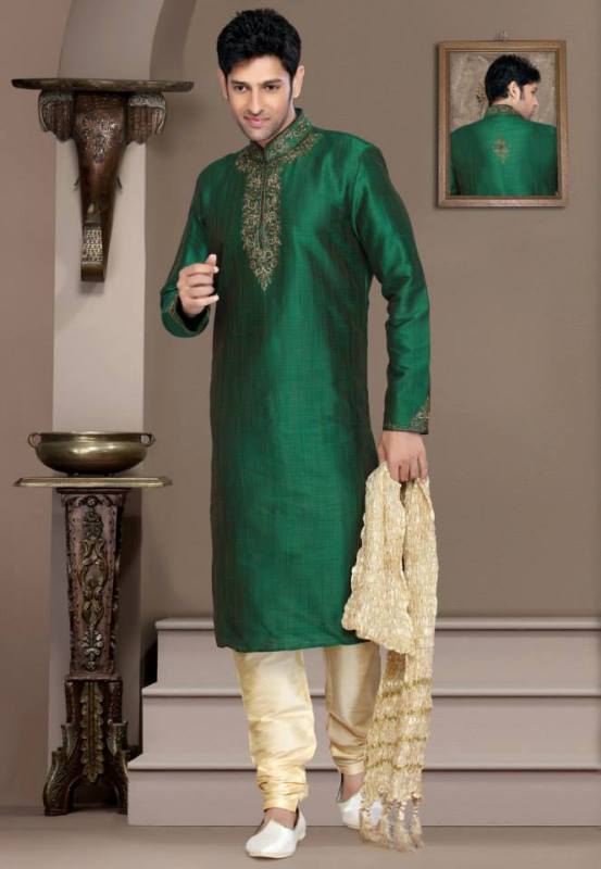 Mehndi Kurta Designs 2021 For Men In Green Color With Embroidery