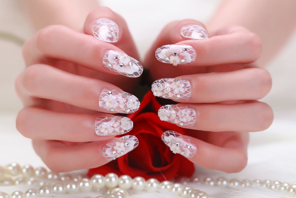 Beautiful White floral Nails For Wedding