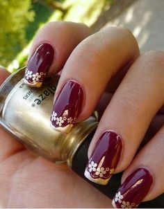 Maroon And Golden Nails For Wedding