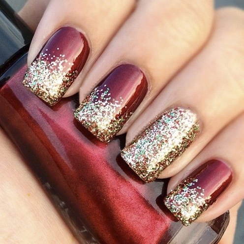 Glittery Maroon And Golden Nails For Wedding