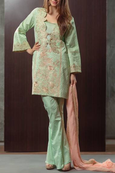 Alkaram Sea Green Zari Embroidered Outfit For Eid 2017