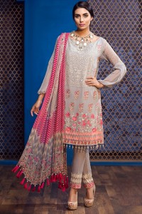 Grey & Pink Embroidered Chiffon Suit