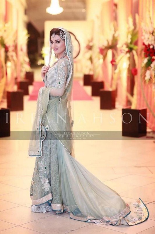 Bridal Trailed Gown for Walima in Sea Green Color