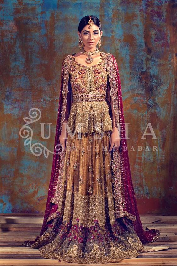 Pakistani Bridal Dresses for Barat Day In Red and Gold Color