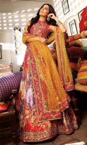 Pakistani Bridal Dresses for Mehndi in Orange and Shocking Pink Color