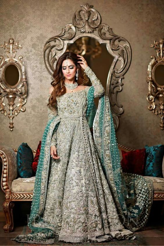 Pakistani Bridal Dresses for Walima in Grey and Silver Color