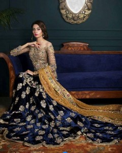 Pakistani Bridal Dresses for Walima in Navy Blue Color