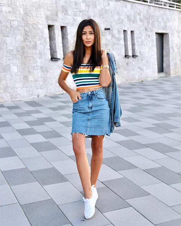 Stylish Tops Designs with Denim skirt